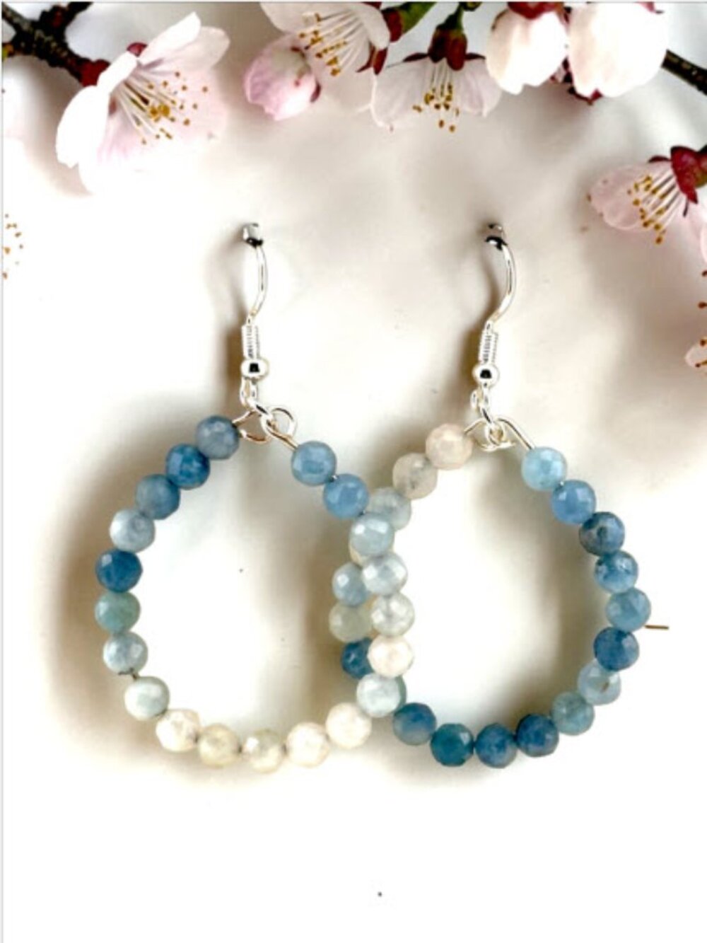 Natural Aquamarine Ombre Hoop Earrings Sterling Silver Coastal March Birthstone - Picture 1 of 9
